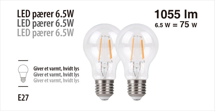 LED-pærer standard formet 6,5 W E27 - 2-pk.